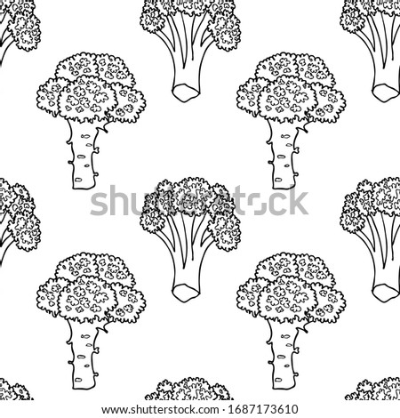 Seamless vector pattern of broccoli cabbage . Black outline drawing of broccoli on a white background.For the design and decoration of fabric, paper, Wallpaper and packaging.