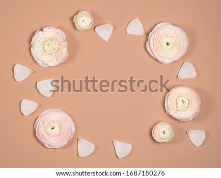 Greeting card with flowers. Caramel color background. Tender photo. Place the design in the center.