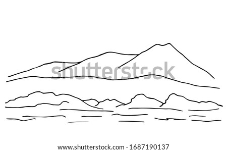 Hand-drawn black outline simple vector drawing. The contour of the mountain, lines, hills, panoramic landscape, rocky terrain. Tourism, travel, mountaineering. Wildlife of mountain countries.
