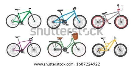 Cartoon Color Different Bicycles Icon Set for Urban, Sport and Mountain Flat Design. Vector illustration of Icons