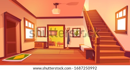 Rustic house hallway entrance interior with wooden stairs and furniture. Western style apartment with door, hanger, carpet, cowboy hat on table and cactus picture on wall. Cartoon vector illustration. Royalty-Free Stock Photo #1687250992