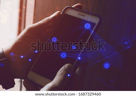 businessman hand finger touch on screen smartphone device for connecting to social network bandwidth internet digital big data safety security cloud storage ai 