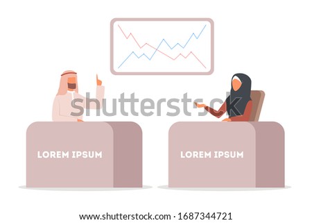 Arabic TV news, woman and man reporting breaking news. Muslim TV journalist or news reporter. Muslim female and male character working on social media. Isolated vector illustration