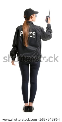 Female police officer on white background, back view