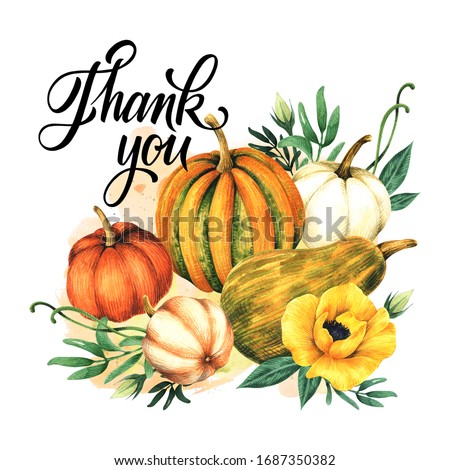 Watercolor floral design card with pumpkins and flowers. Autumn illustration.