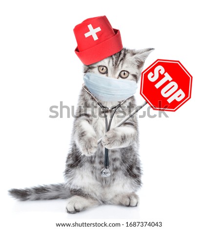 Kitten wearing like a doctor with medical mask and stethoscope shows stop sign. Isolated on white background
