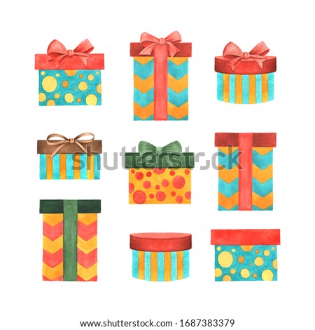 Set of colorful illustration souvenir gift boxes with a bow. Isolated on white background. Hand drawn watercolor for store navigation, on design of postcards, websites, catalogs and printing on fabric