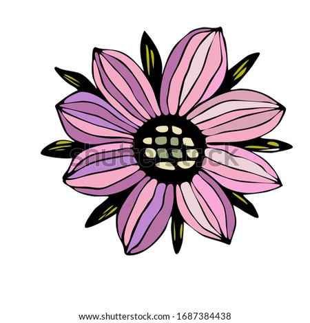 Colorful vector flower with black outline isolated on a white background based on a hand drawn doodle sketch 