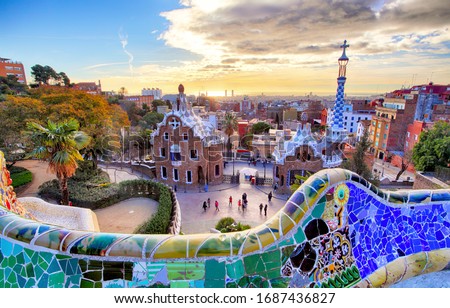 Park Guell, Barcelona at sunset Royalty-Free Stock Photo #1687436827