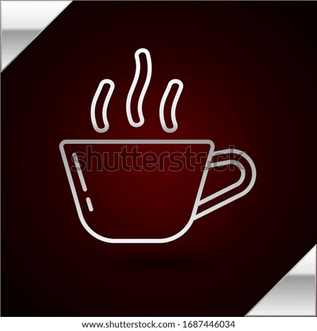 Silver line Coffee cup icon isolated on dark red background. Tea cup. Hot drink coffee.  Vector Illustration