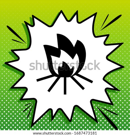 Fire sign. Black Icon on white popart Splash at green background with white spots. Illustration.