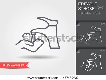 Hand washing with soap. Linear symbols with editable stroke with shadow. Vector icon