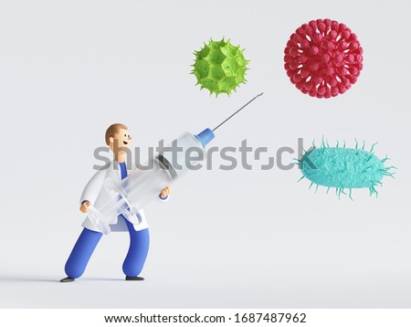 3d render. Doctor cartoon character fighting against coronavirus covid-19 with big syringe. Clip art isolated on white background. Vaccination clinical research, medical concept. Vaccine against virus