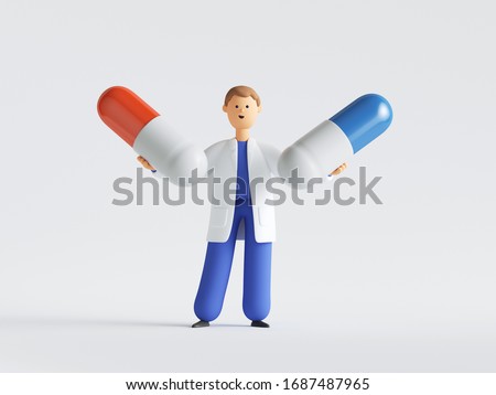3d render. Doctor or pharmacist cartoon character holding two big pills. Choice concept. Medical healthcare illustration. Pharmaceutical clip art isolated on white background.