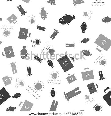 Set Fish, Wetsuit for scuba diving, First aid kit and Sun and waves on seamless pattern. Vector
