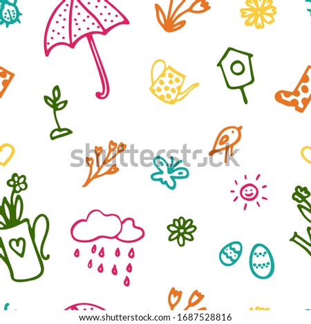 Spring seamless pattern with doodle elements. Hand drawn icon bird, umbrella, birdhouse, flowerpot, rubberboot, su, easter egg, flower, rain cloud, butterfly 