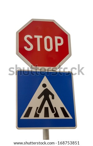Traffic sign for pedestrian crossing and Stop sign isolated on white background with clipping path 