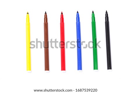 Colorful marker pens isolated on white background. Kids vivid painting tools, various color palette. Office highlighters design elements