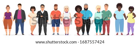 Cartoon happy smiling plus size people couples. Man and woman together in love. Curvy, overweight fat people in casual dress clothes vector illustration. Royalty-Free Stock Photo #1687557424