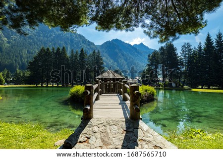 Perspective on a lake in Gressoney, view of lake Gover, Aosta Valley
