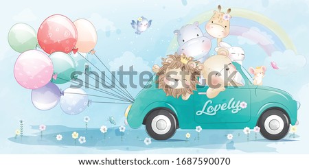 Cute little animals driving a car