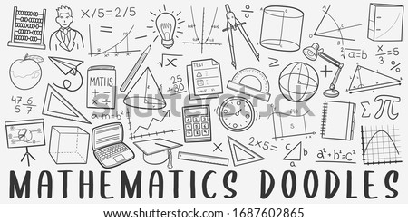 Mathematics Doodle Line Art Illustration. Hand Drawn Vector Clip Art. Banner Set Logos.