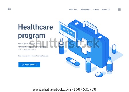 Vector illustration of medical box and various drugs near description and link button on web banner advertising contemporary healthcare program. Isometric web banner, landing page template
