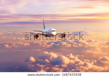 Airplane airliner flies over beautiful evening clouds, in the sky at sunset Royalty-Free Stock Photo #1687633438