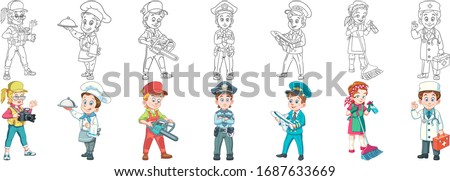 Job people. Cartoon clipart set for kids activity coloring book, t shirt print, icon, logo, label, patch or sticker. Vector illustration.