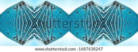 underside panoramic and perspective view to steel Tiffany blue glass high rise building skyscrapers, business concept of successful industrial architecture