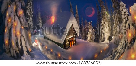 Climbing to tourist wild alpine mountain to an abandoned cabin-in order to illuminate the snow-covered spruce canopy during moonrise, moonset, to see the first star of Christmas in the Carpathians 