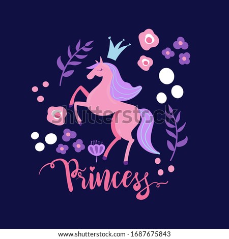 Cute Princess typography print for  t shirt with  horse . Cute magic slogan, for clothes, banner, girls, women, child. hand written text Princess