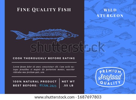 Premium Quality Sturgeon Abstract Vector Packaging Design or Label. Modern Typography and Hand Drawn Sketch Fish Pattern Background Seafood Layout.
