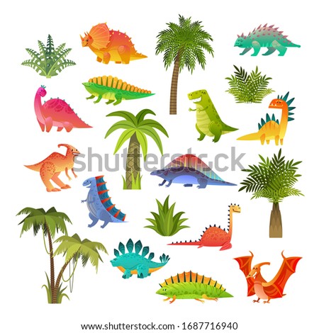 Baby dino set. Funny animal dragon and cute nature dinosaur drawing in jungle, cartoon happy tyrannosaurus and stegosaurus sticker comic collection