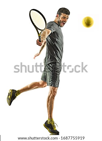 one caucasian mature tennis player man backhand silhouette full length in studio isolated on white background