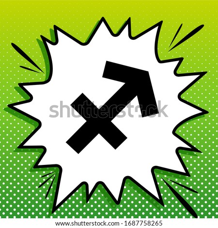 Sagittarius sign illustration. Black Icon on white popart Splash at green background with white spots. Illustration.