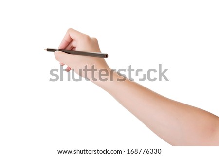 Closeup hand holding pencil, isolated on white. Royalty-Free Stock Photo #168776330