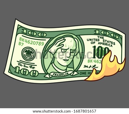 Cartoon hand drawn 100 dollar bill on fire with Franklin holding head in hands. Financial crisis, money loss, economy crash. Isolated vector clip art illustration.