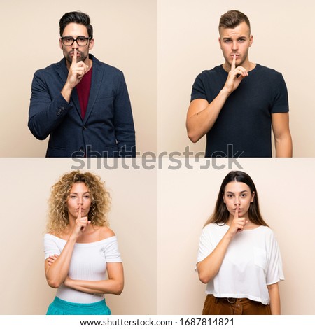 Set of people over isolated background showing a sign of silence gesture putting finger in mouth