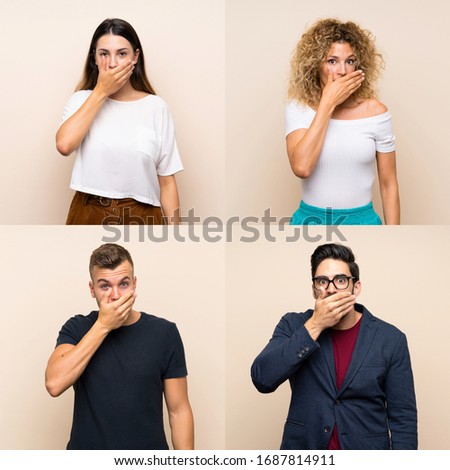 Set of people over isolated background covering mouth with hands