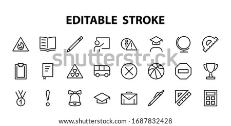A simple set of school items. Contains icons such as student, award, geography, physical education, geometry and more. On white background. Editable stroke. 480x480.