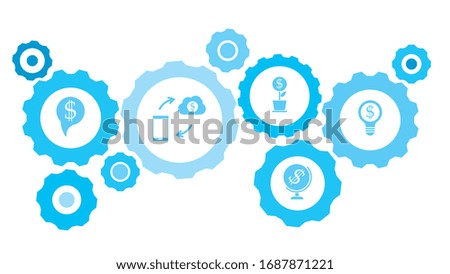 Connected gears and vector icons for logistic, service, shipping, distribution, transport, market, communicate concepts. gear blue icon setbusinessman, businessman