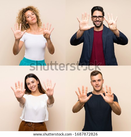 Set of people over isolated background counting nine with fingers