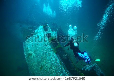 sunken plane diving, plane crash, incident, search under water, crash, divers Royalty-Free Stock Photo #1687921540