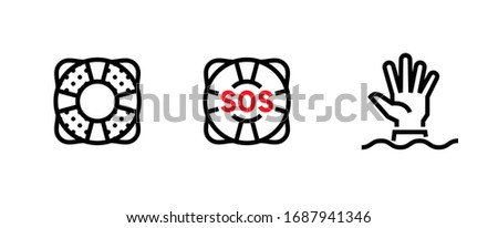 Set of lifebuoy help, distress signal and service icons. Editable line vector. Round support rescue element with text sos and palm hand over the wave. Group pictogram.