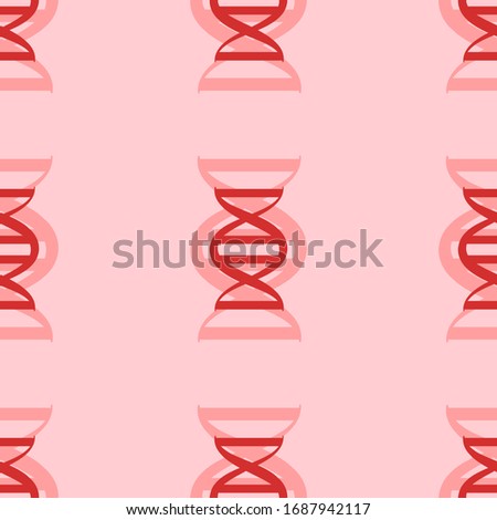 Seamless pattern of four large isolated red dna symbols. The elements are evenly spaced. Illustration on light red background