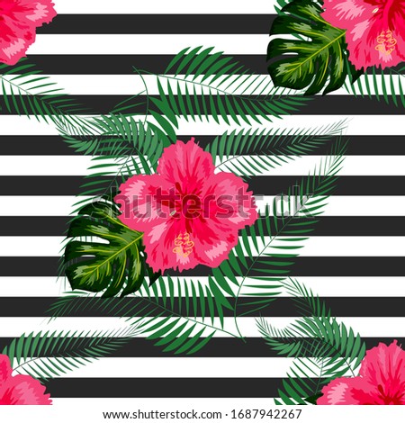Tropical flowers and palm leaves on background. Seamless pattern