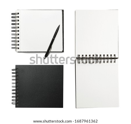 Set of notebooks on white background, top view