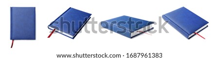 Set of blue notebooks on white background. Banner design