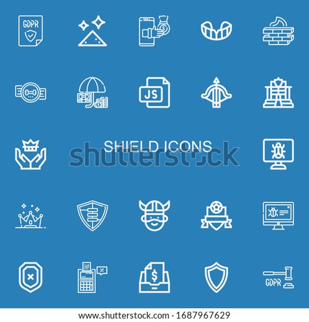 Editable 22 shield icons for web and mobile. Set of shield included icons line GDPR, Dust, Transfer, Gum shield, Firewall, Badge, Protection, Js, Crossbow, Police on blue background